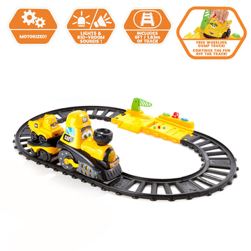 CAT Power Track Friends Preschool Train Set - 8-Piece Motorized Train & Car Carrier, Light & Sound, Yellow/Black, Model 82489