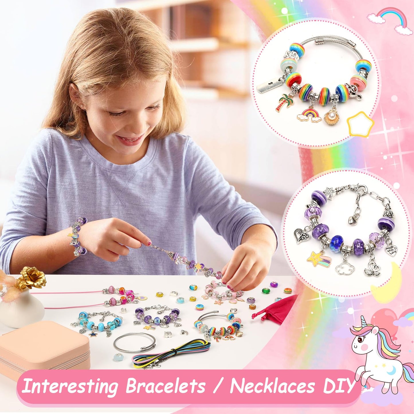 Charm Bracelet Making Kit for Girls, 140 PCS DIY Craft Bead Sets Jewelry Making Kit for Teen Girls Age 8-12, Portable Bracelet O