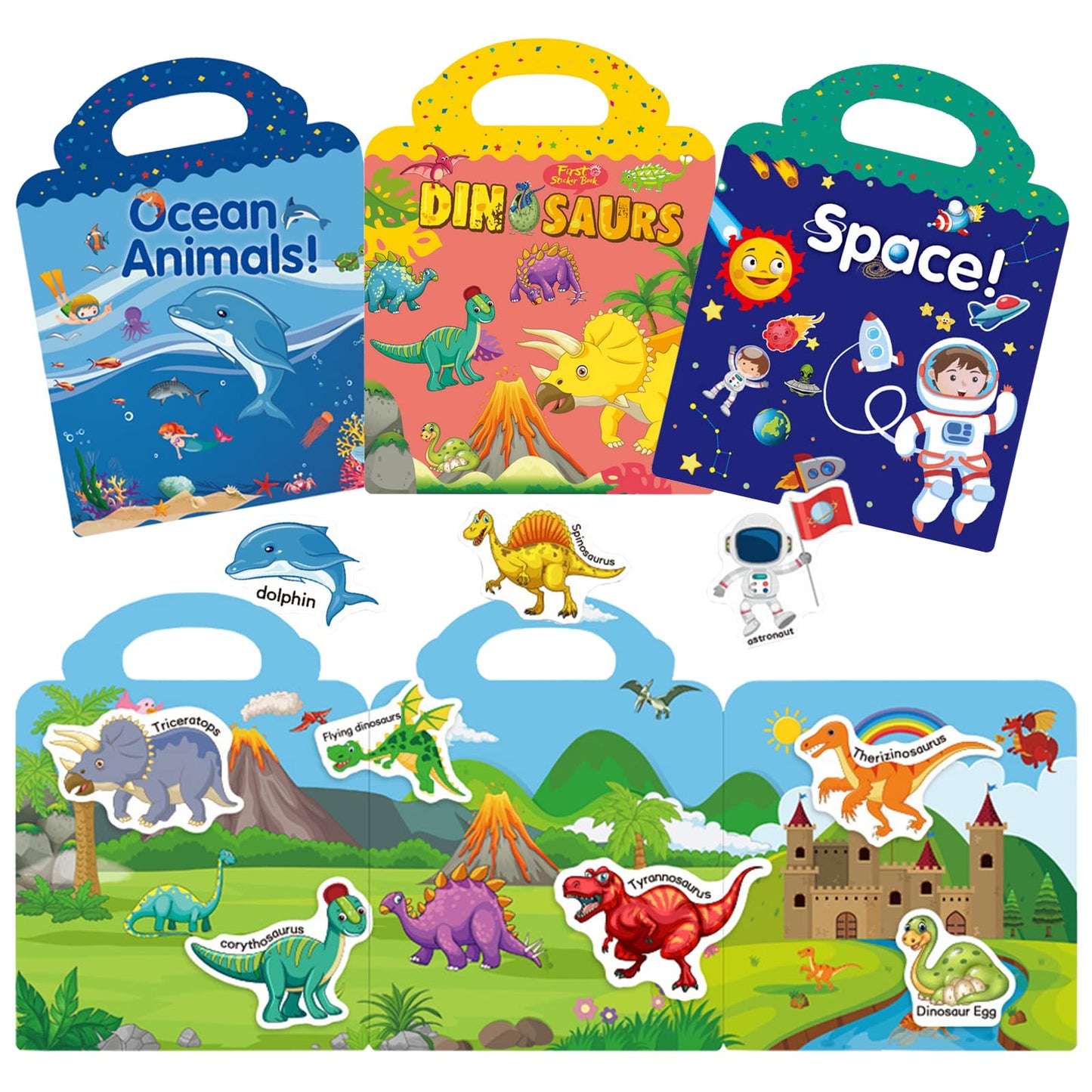 Reusable Sticker Books For Kids, Travel Sticker Learning Toys For Toddlers, Toddler Educational Learning Toys, Gifts For 3 4 5 Year Old Girls Boys, Dinosaur&Space&Ocean Animal
