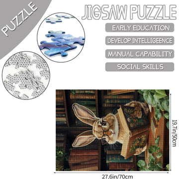 The Rabbit Wearing Glasses Puzzles for mature-themeds 1000 Pieces Retro Library Jigsaw Puzzle for mature-themed Collection Cute Bunny Reading Books Jigsaw Puzzles as Gift for Animal Lovers