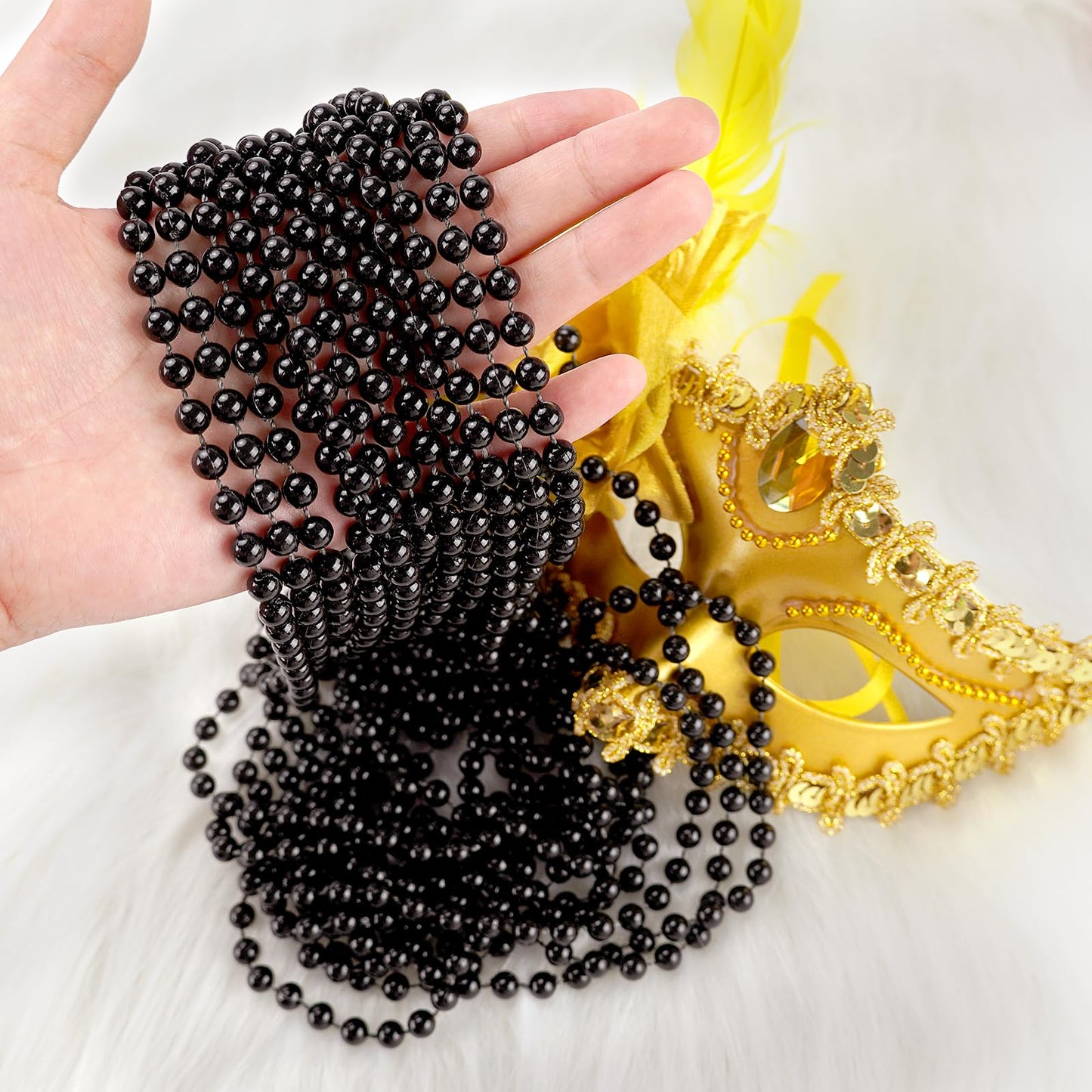 ZZYFGH 33'' 7mm Metallic Black Bead Necklace Bulk, Mardi Gras Round Beaded Necklaces for Party Favors Costume Necklace (12 Pcs)