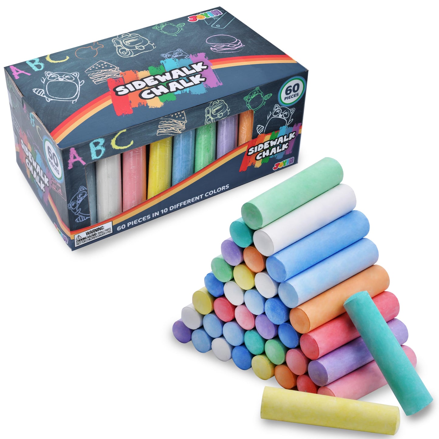 Joyin 60 Pcs Sidewalk Chalk Set (10 Colors), Non-Toxic Washable Outdoor Jumbo Chalk Set For Painting On Chalkboard, Art Play And Playground Toy