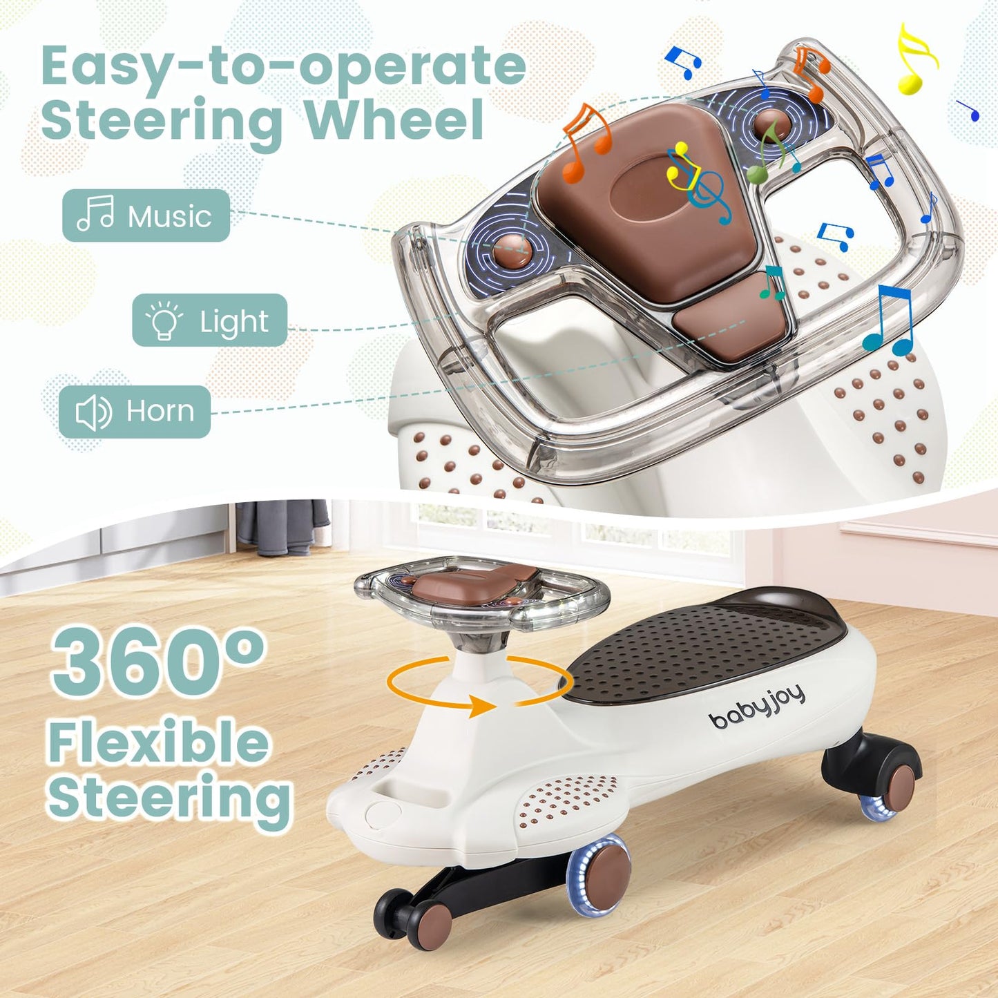 Baby Joy Wiggle Car, Swing Car With Pull Rope, Under-Seat Storage, Flashing Wheels & Music, Uses Twist, Turn, Wiggle Movement To