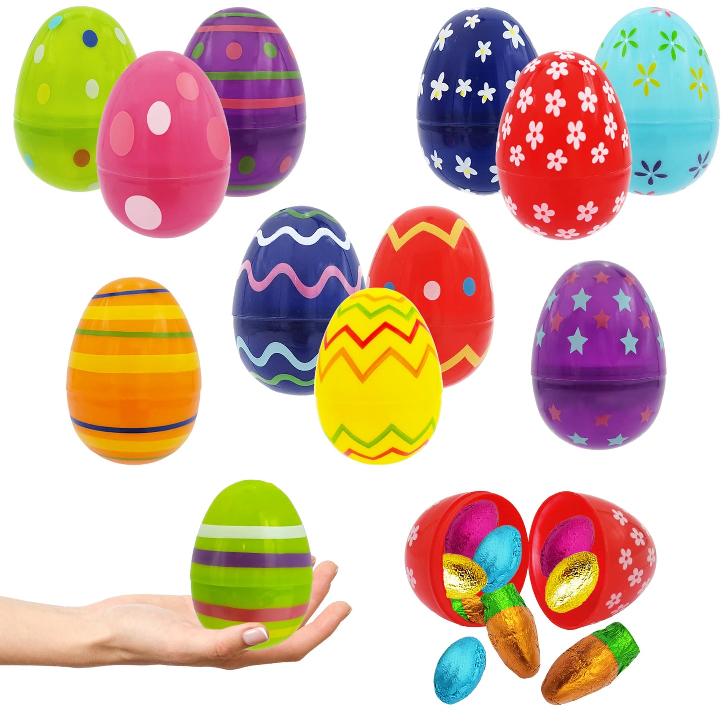 Chochkees Printed Plastic Easter Eggs Fillable With Hinge Colorful, Perfect For Easter Egg Hunt, Surprise Egg, Easter Hunt, 2.3'