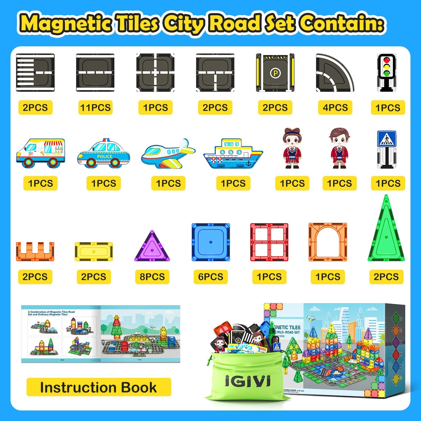 Igivi Magnetic Tiles City Road Set With Magnet Car Toys, Magnetic Blocks Building Toys For Kids, Stem Construction Toys For Toddlers,Toy Gifts For 3+ Year Old Boys & Girls