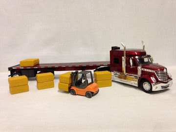 New Ray Lonestar Flatbed Trailer with Hay Bales & Forklift, 1:32 Diecast, Red, 24" L x 4" W x 7" H, Model