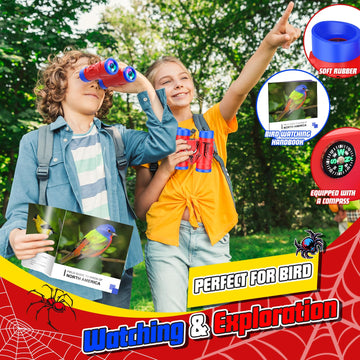 JovialToyz Kids Binoculars with Compass & Bird Watching Manual, Red, Ideal for Ages 3-8, Perfect Outdoor Gift for Boys & Girls