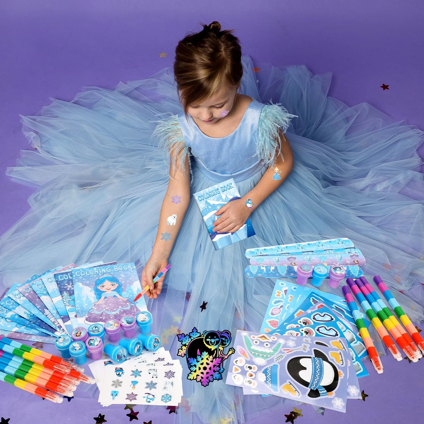 BenLouis 96pcs Frozen Party Favors Set for Kids Winter Snowflake Coloring Book Christmas School Classroom Gift Reward Prize Craf