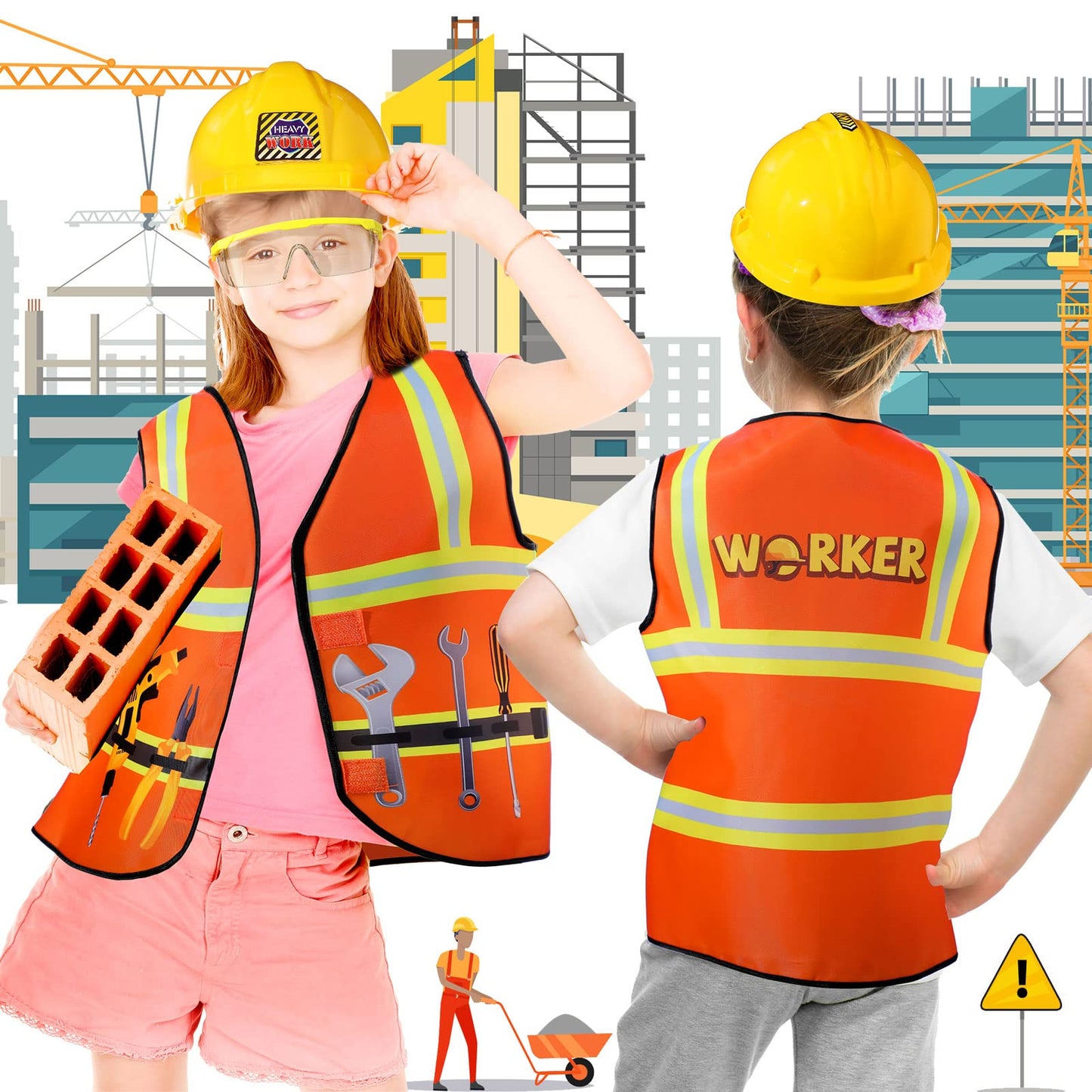Handepo Construction Worker Costume Kids Hard Hat Construction Vest Goggles Toddler Dress Up Set Birthday Party Girls Boys(Yello