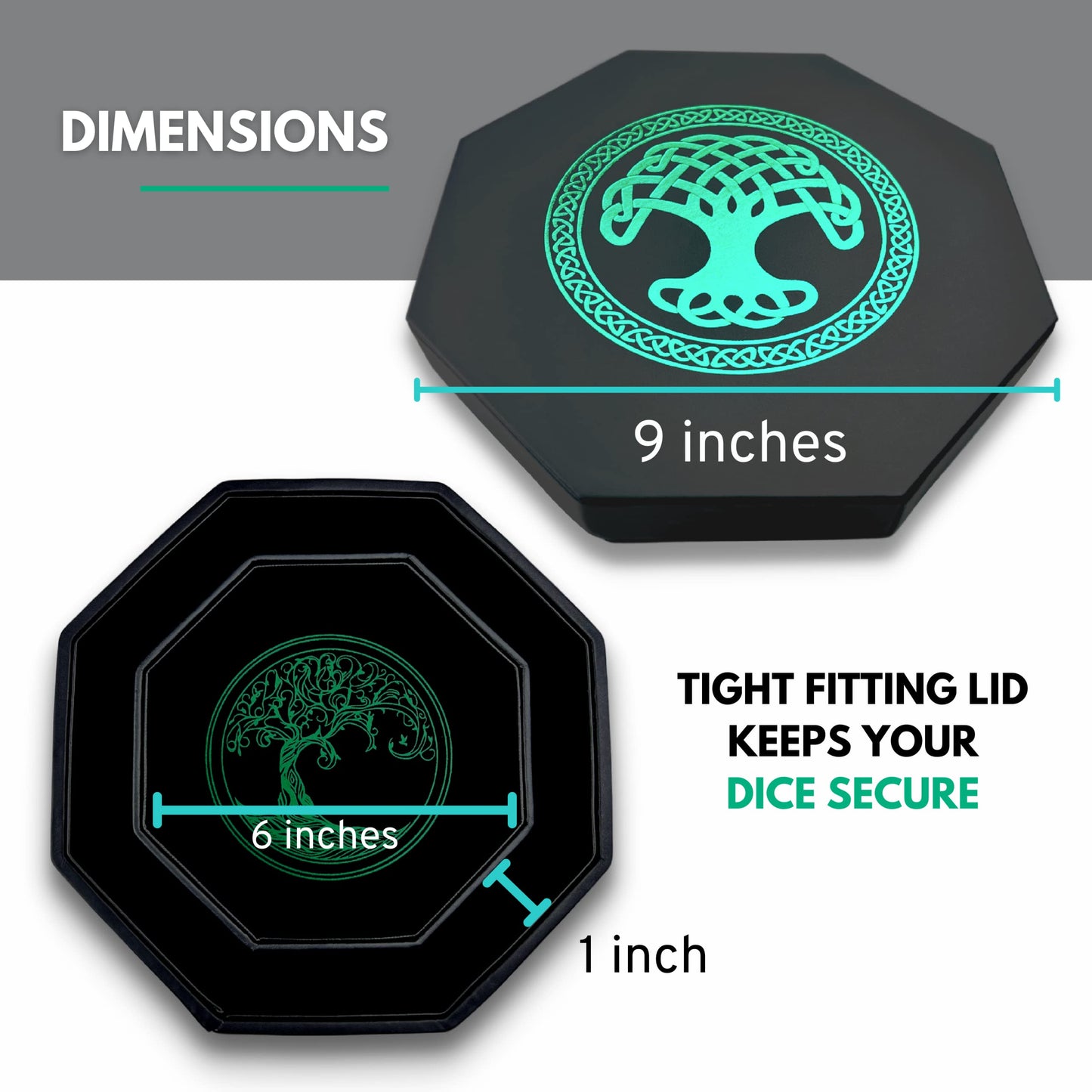 Luck Lab 8 Inch Dice Tray - Green - with Lid and Dice Staging Area for RPG Table Top Gaming- Tree of Life Design