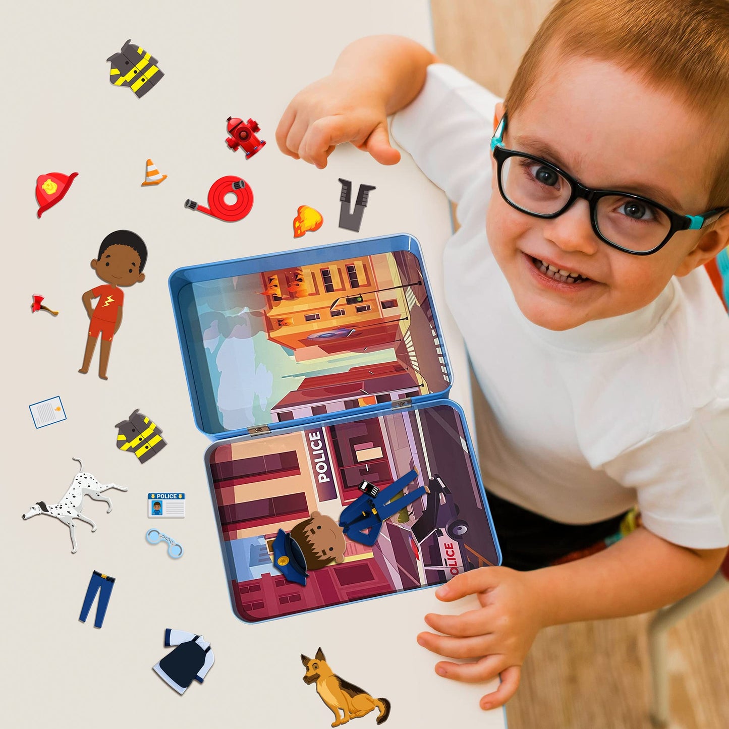 Hapinest Magnetic Heroes Pretend and Play Travel Playset Toy for Boys Ages 4 Years and Up, Fireman, Policeman, Knight, Astronaut