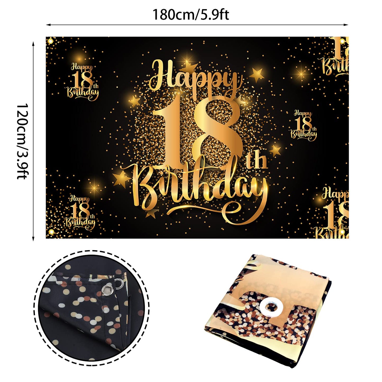 Happy 18Th Birthday Backdrop Banner Step And Repeat 18 Years Old Background Decorations For Women Men Her Him Photography Party Supplies Glitter Black Gold