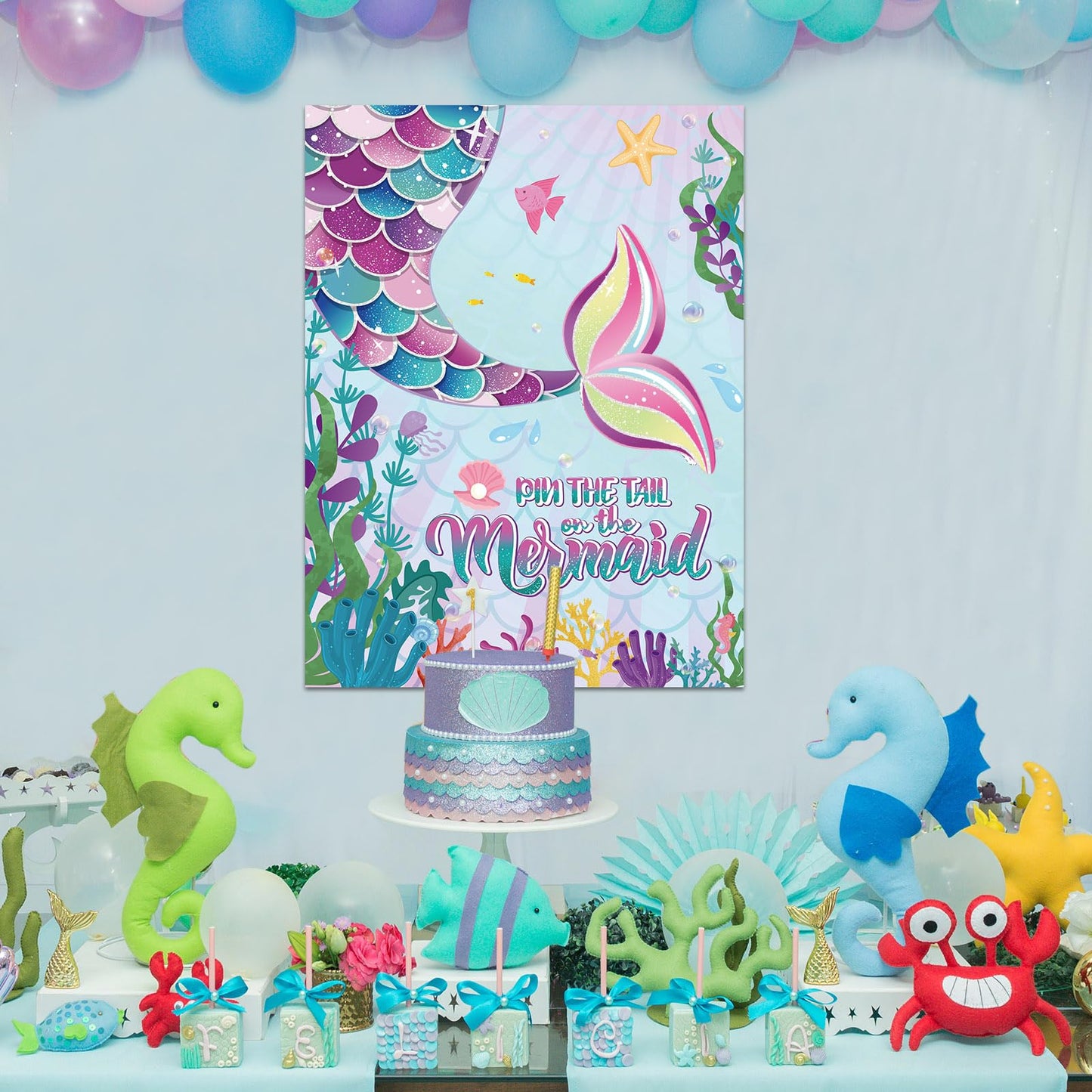Faccito Mermaid Party Game Set - 21x28 Inch Poster, 24 Reusable Tail Stickers, Blue/Purple, Ideal for Girls Birthday Celebrations