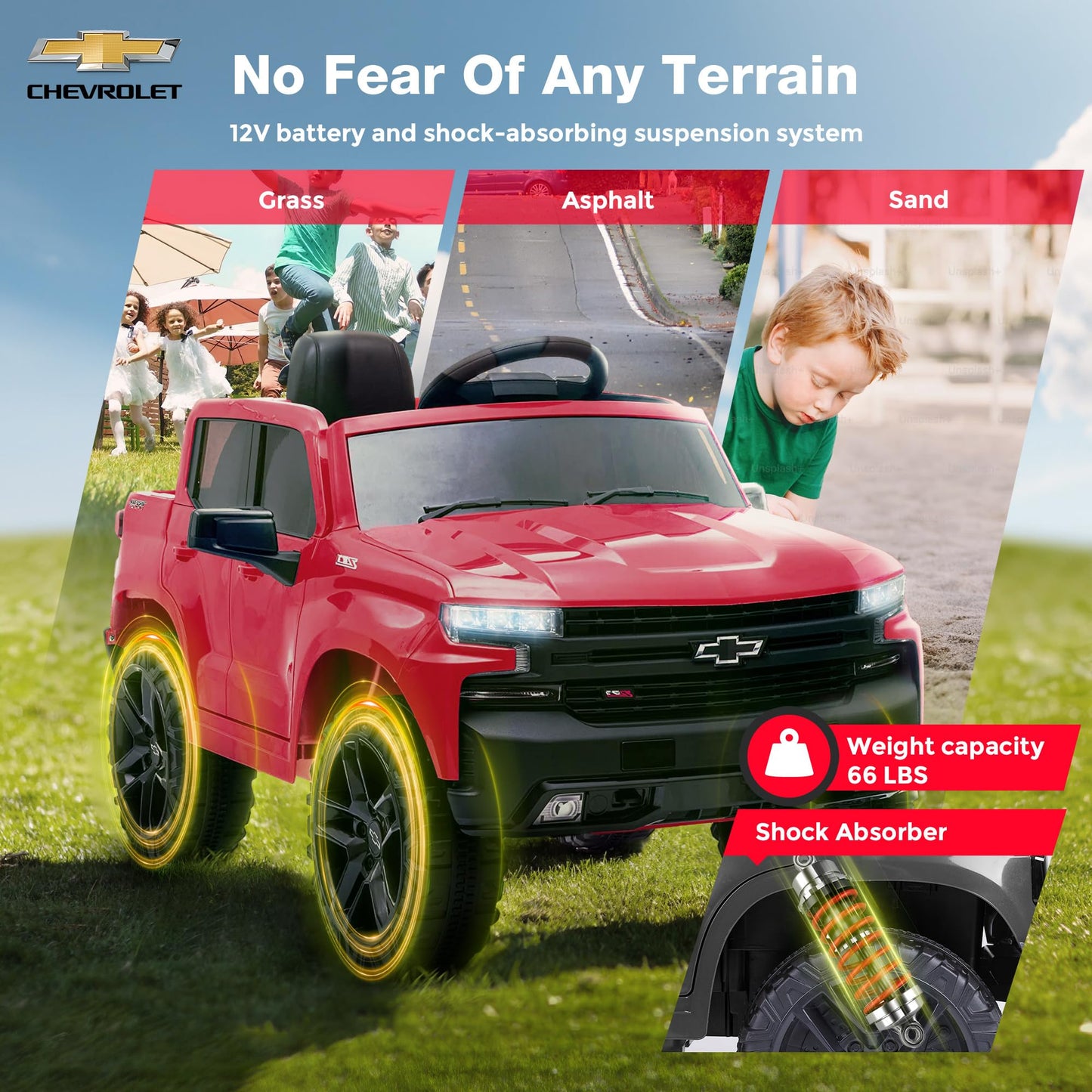 FUNTOK Licensed Chevrolet Silverado Ride On Pickup Truck, 12V Electric Car for Kids w/Parent Remote Control, Truck Bed Storage,