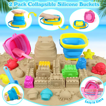 FUSPWEAO Collapsible Beach Toys Sand Toys for Kids, Sandbox Toys with 2 Collapsible Beach Buckets, Mesh Bags, Sand Molds, Sand C