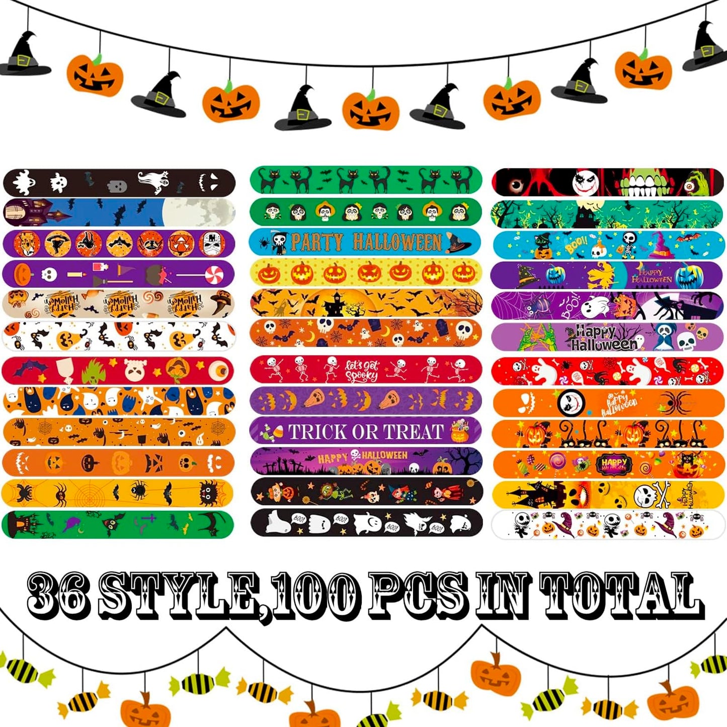 SUNPROUND Halloween Slap Bracelet,100Pcs Slap Bracelet Wristbands with Spider Pumpkin Ghost Zombie Bat Witches Design Snap Brace