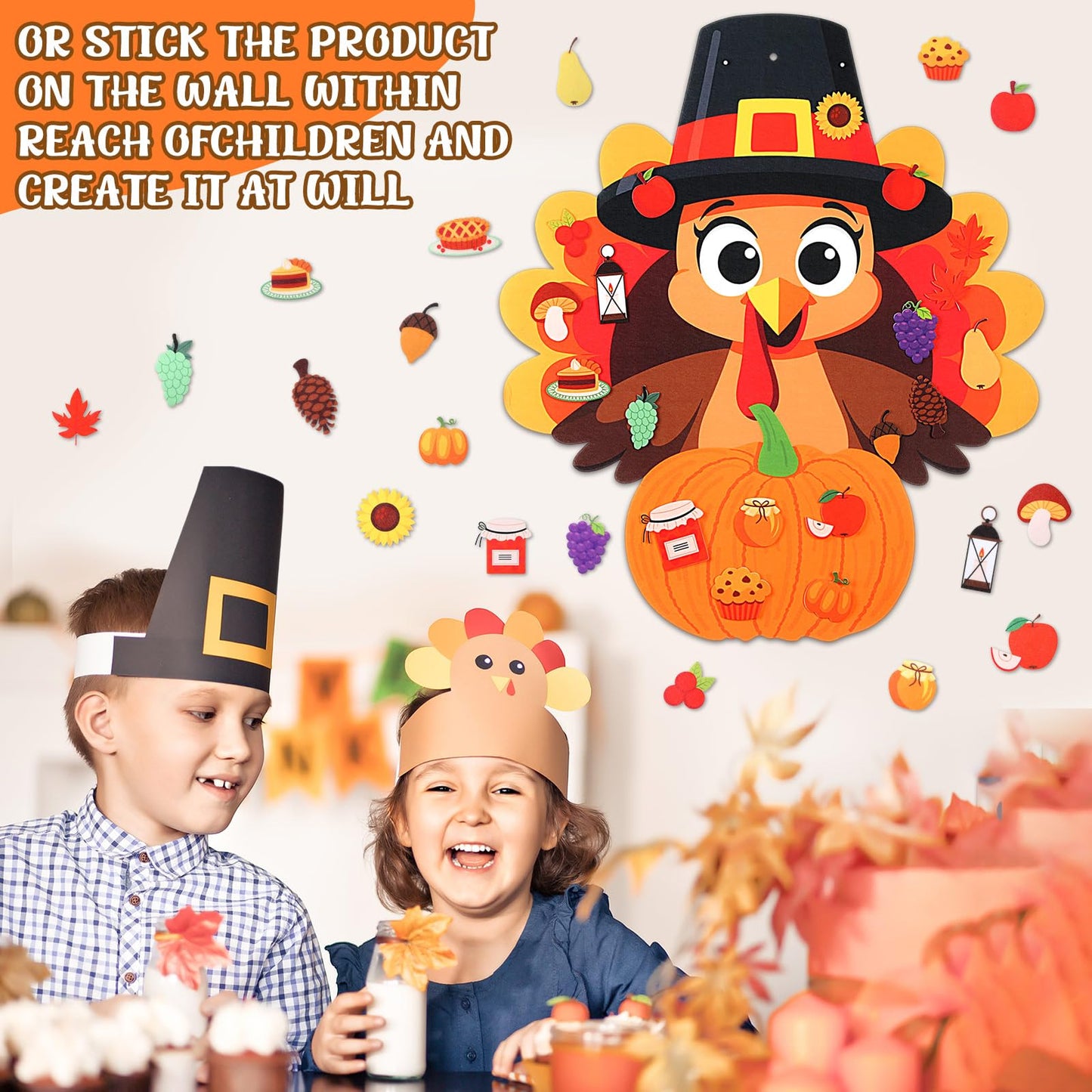 Thinkday 37 Pieces Thanksgiving Craft Kit Felt Turkey Craft, Fall DIY Turkey Pumpkin Felt Set, 36 Detachable Fall Maple Leaf Pin