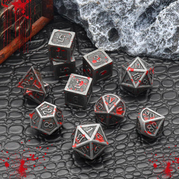 Haxtec 11PCS Bloodstained Metal DND Dice Set Blood Polyhedral D&D Dice for Dungeons and Dragons Gift TTRPG Antique Metal DND 5e