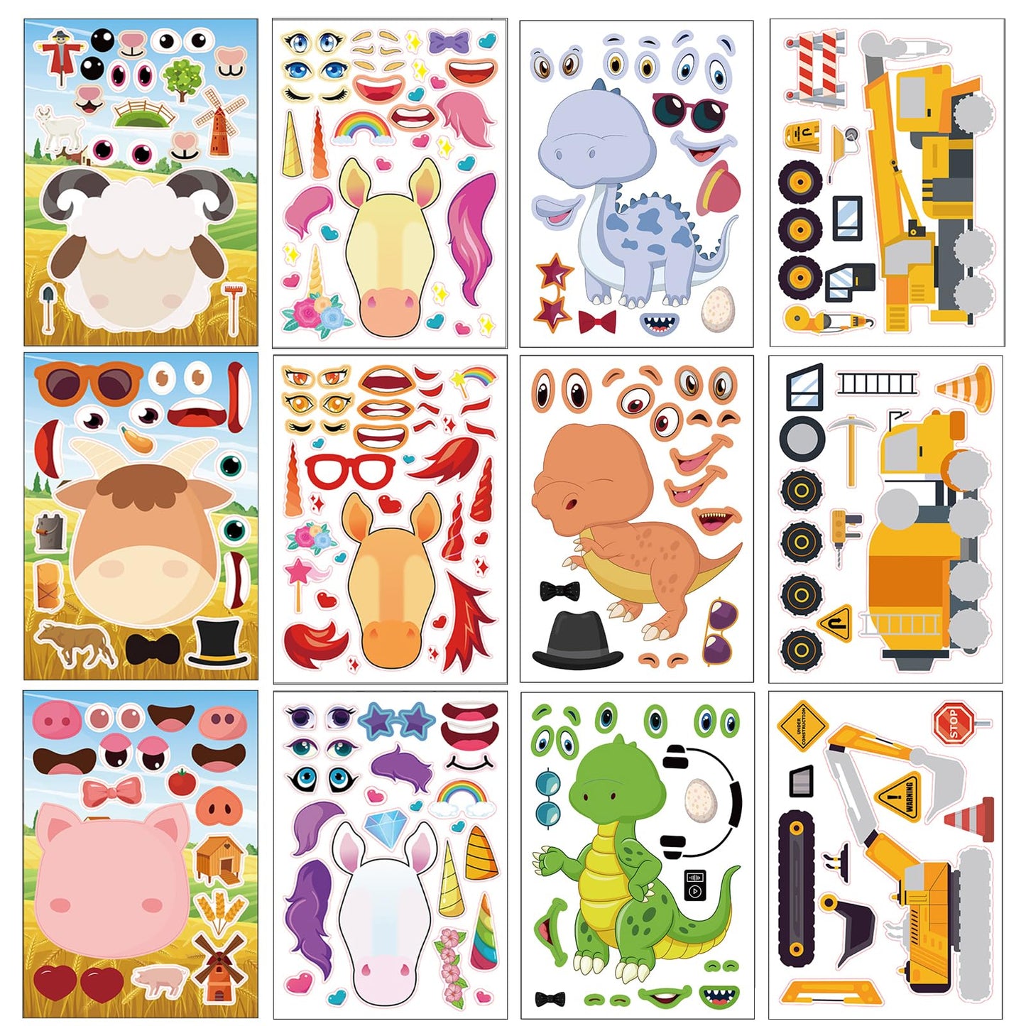 24 Sheets Make A Face Sticker Sheets For Kids Todders Activities, Make Your Own Stickers With Unicorns Dinosaur Construction And
