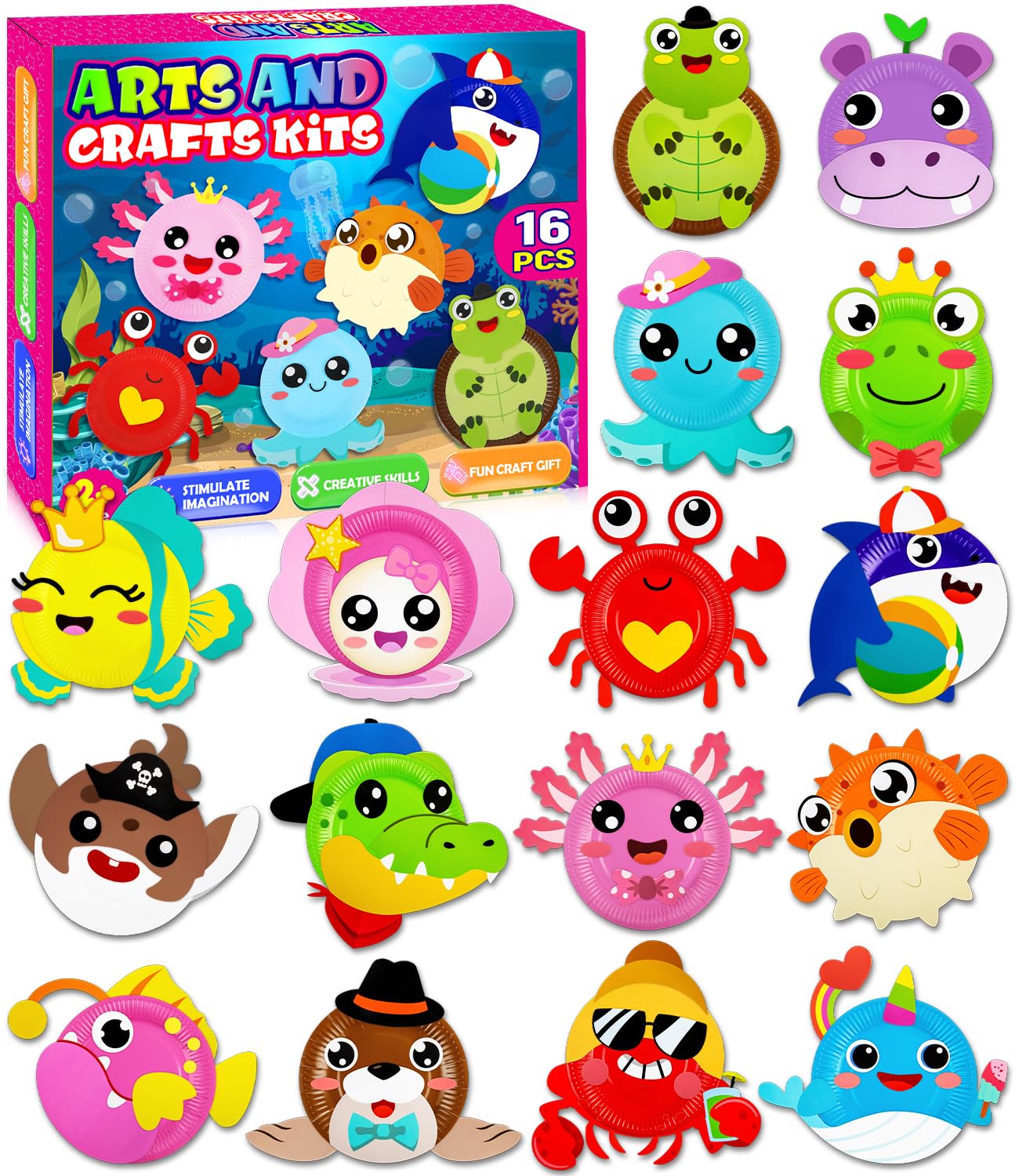 16 Pack Arts And Crafts For Kids, Toddler Crafts Ocean Animal Paper Plate Art Kit Gift For 3 4 5 6 Year Old Boys Girls Diy Craft