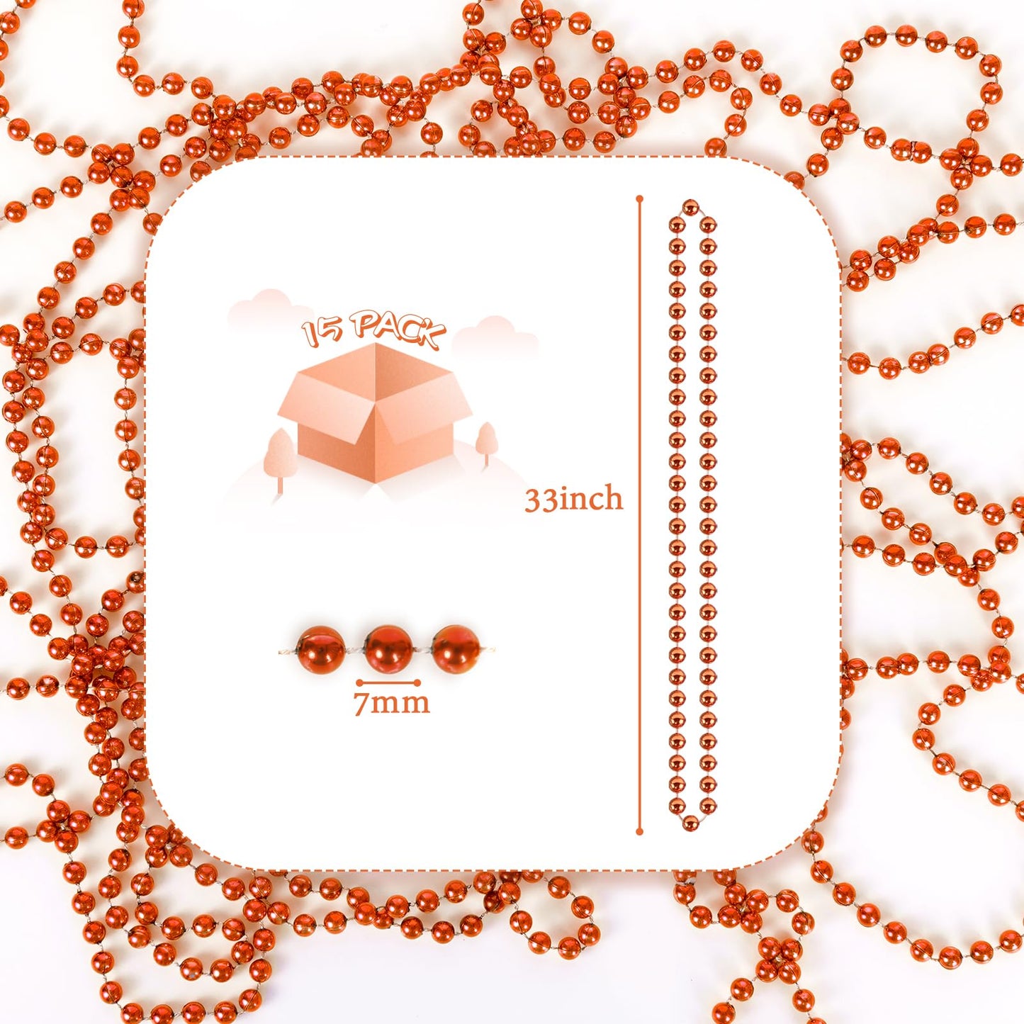 YAXINRUI 33 Inch 7 mm Metallic Orange Bead Necklaces, 15pcs Mardi Gras Beads Bulk Round Beaded Necklaces Costume Necklace for Ma