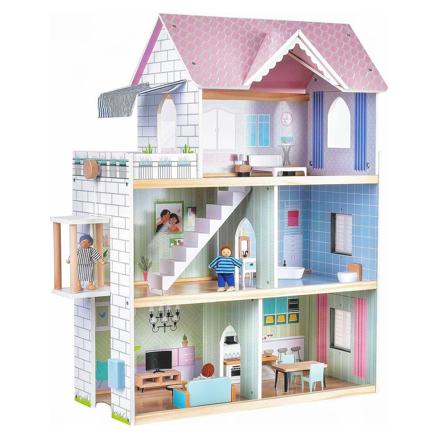 Large Pink Wooden Dollhouse With Furniture For Girls, 6 Rooms 2.6Ft High With Elevator,Doorbell, Light,15 Pcs Furniture & 3 Doll