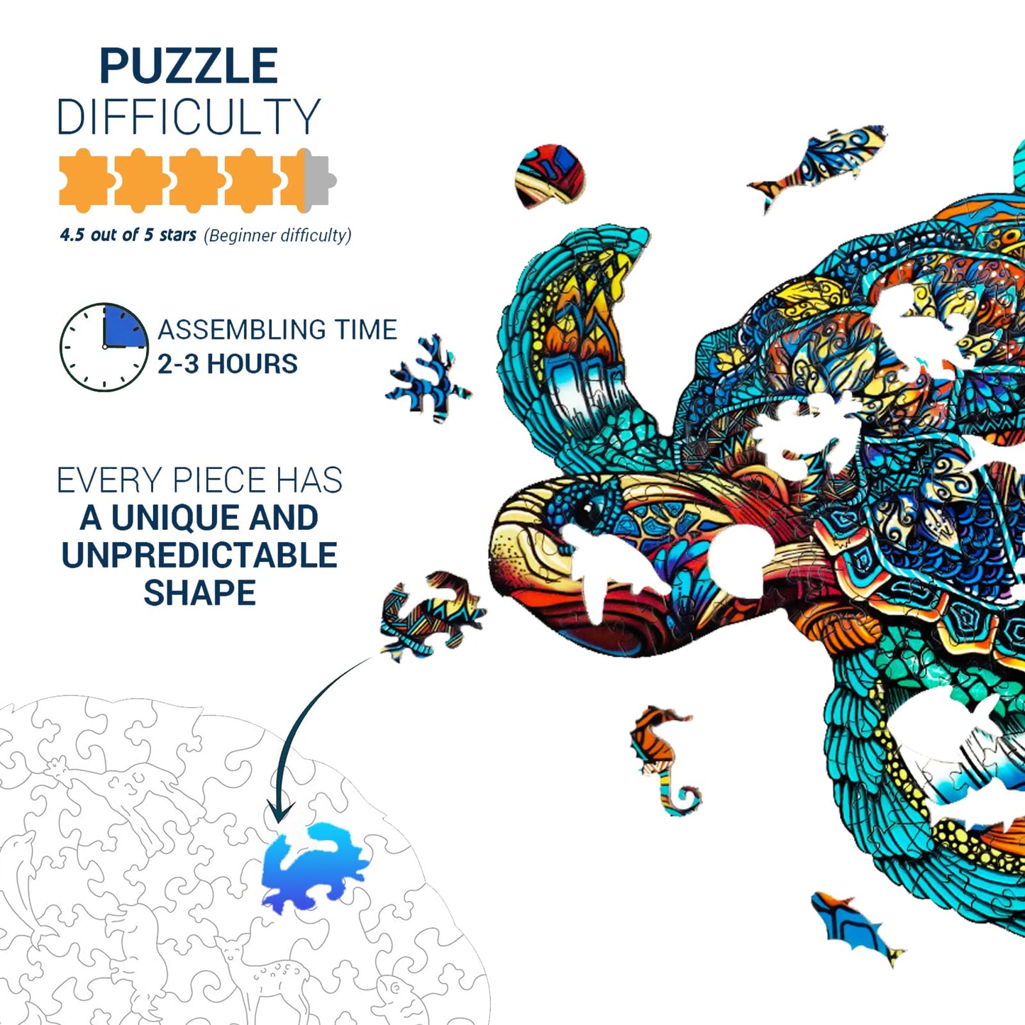 Jigfoxy Wooden Puzzles For Adults, Sea Turtle Wooden Jigsaw Puzzles For Adults Kids, Unique Animal Shape Wood Cut Puzzles For Fr