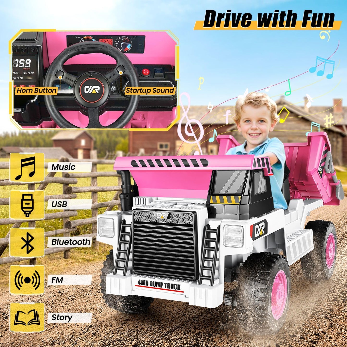 Hikole Kids Ride On Dump Truck With Remote Control, 4Wd Dump Truck With 12V 7Ah Battery, Electric Dump Bed,Shovel, Bluetooth, Music Player, Electric Cars For Girls, White & Pink