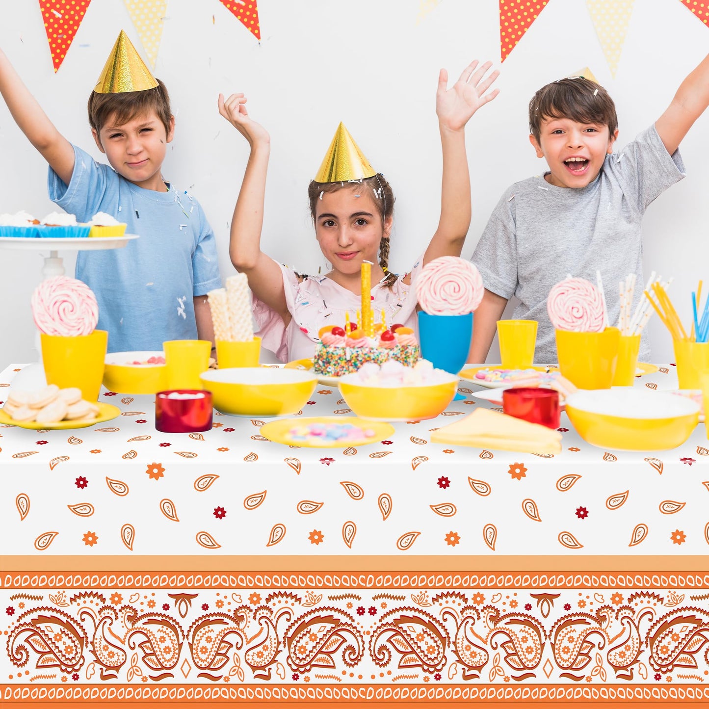 K1Tpde 3Pcs Bandana Party Tablecloths, Cholo Gangsta Theme Table Covers,Bandana Plastic Waterproof Tablecloth, Western Party Decorations Supplies For Adult, Orange