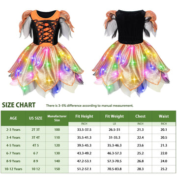 Girls Light-Up Witch Costume for Halloween - Orange&Black Glowing Witch Dress Up Costume Party Set with Broom & Hat & Wand & Bag & Pantyhose 10-12 Years