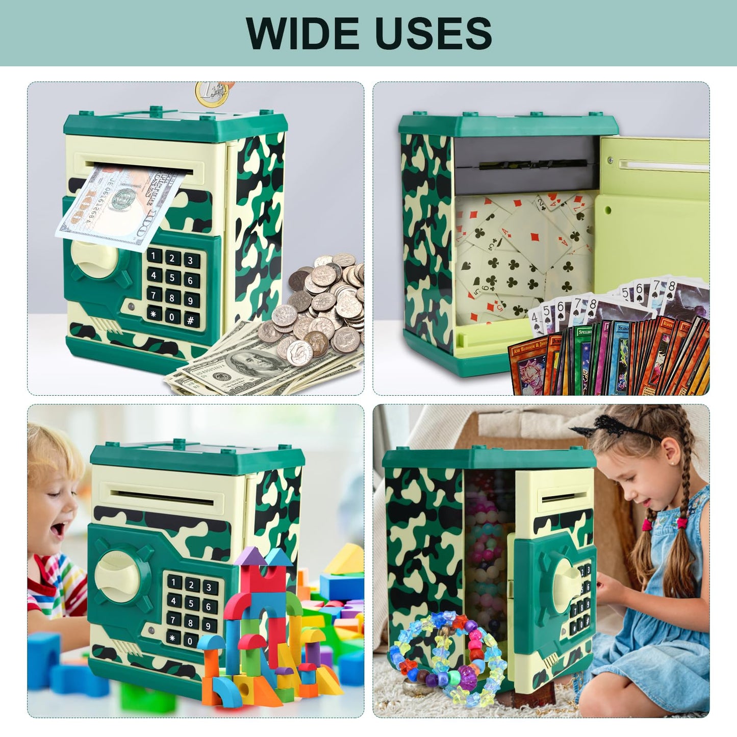 Pup Go Electronic ATM Piggy Bank for Kids Ages 3 4 5 6 7 Years Old Pasdecorative replica blade Money Safe with Auto Cash Scroll Machine Money Saving Box Coin Bank Kids Safe Box for Boys & Girls(Camo Green