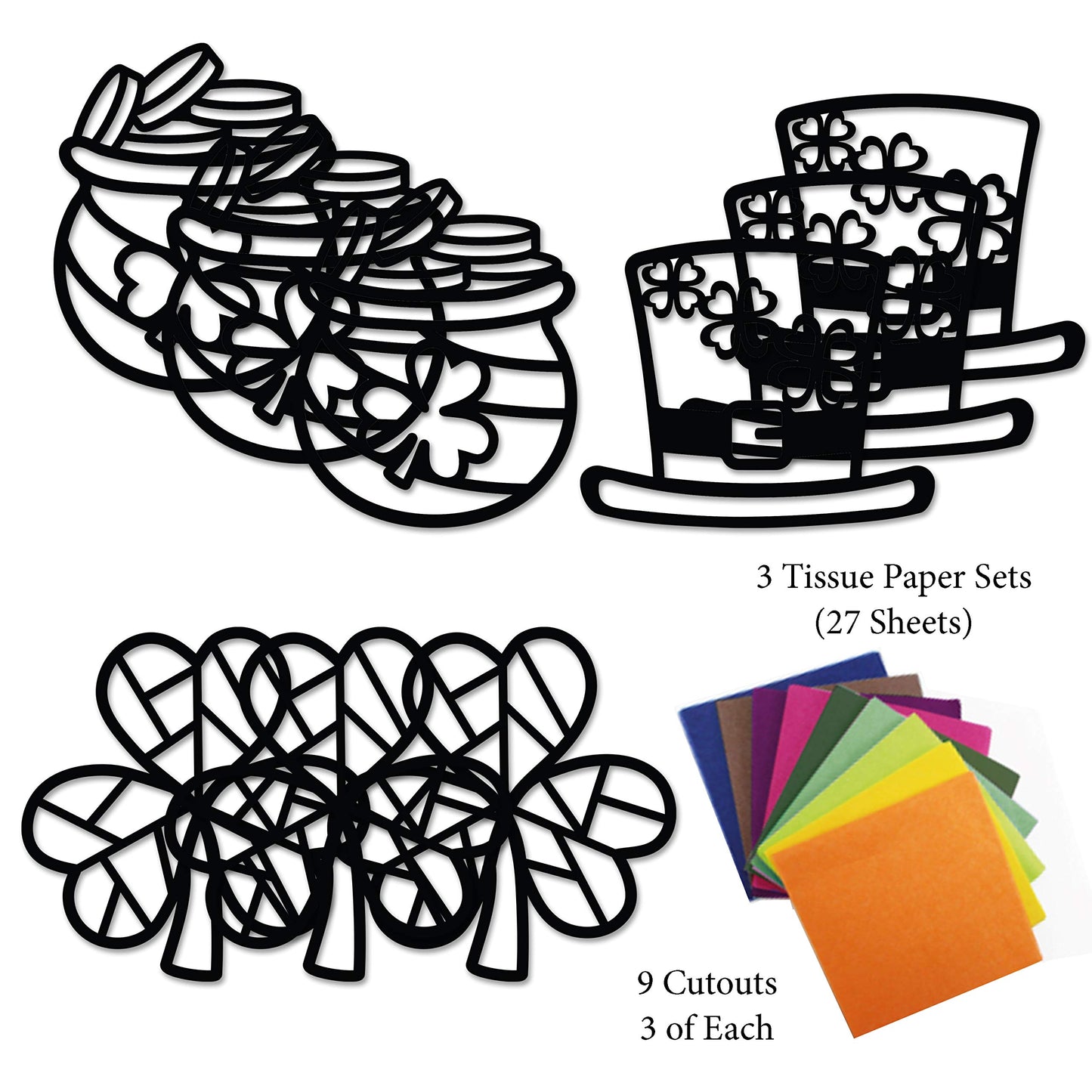 Vhale Suncatchers Craft 3 Sets (9 Cutouts) W Tissue Papers Stained Glass Effect Paper Sun Catcher Kit, Window Art, Classroom Crafts, Creative Art Projects, Kids Party Favors (St. Patrick'S Day)