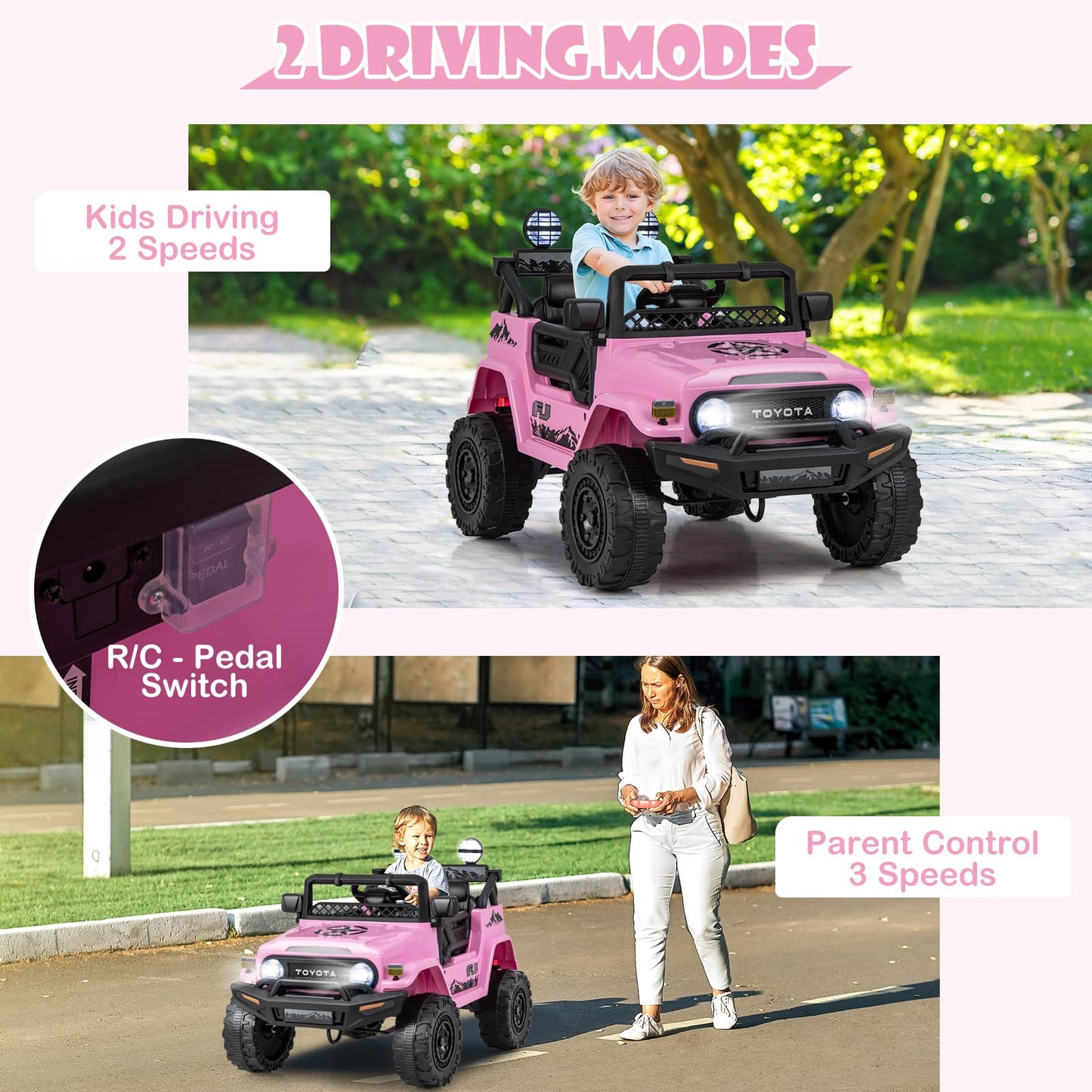 Honey Joy Pink Ride On Truck, 12V Licensed Toyota Fj Electric Car For Kids, Shock Suspension, Led Lights & Music, Battery Powere