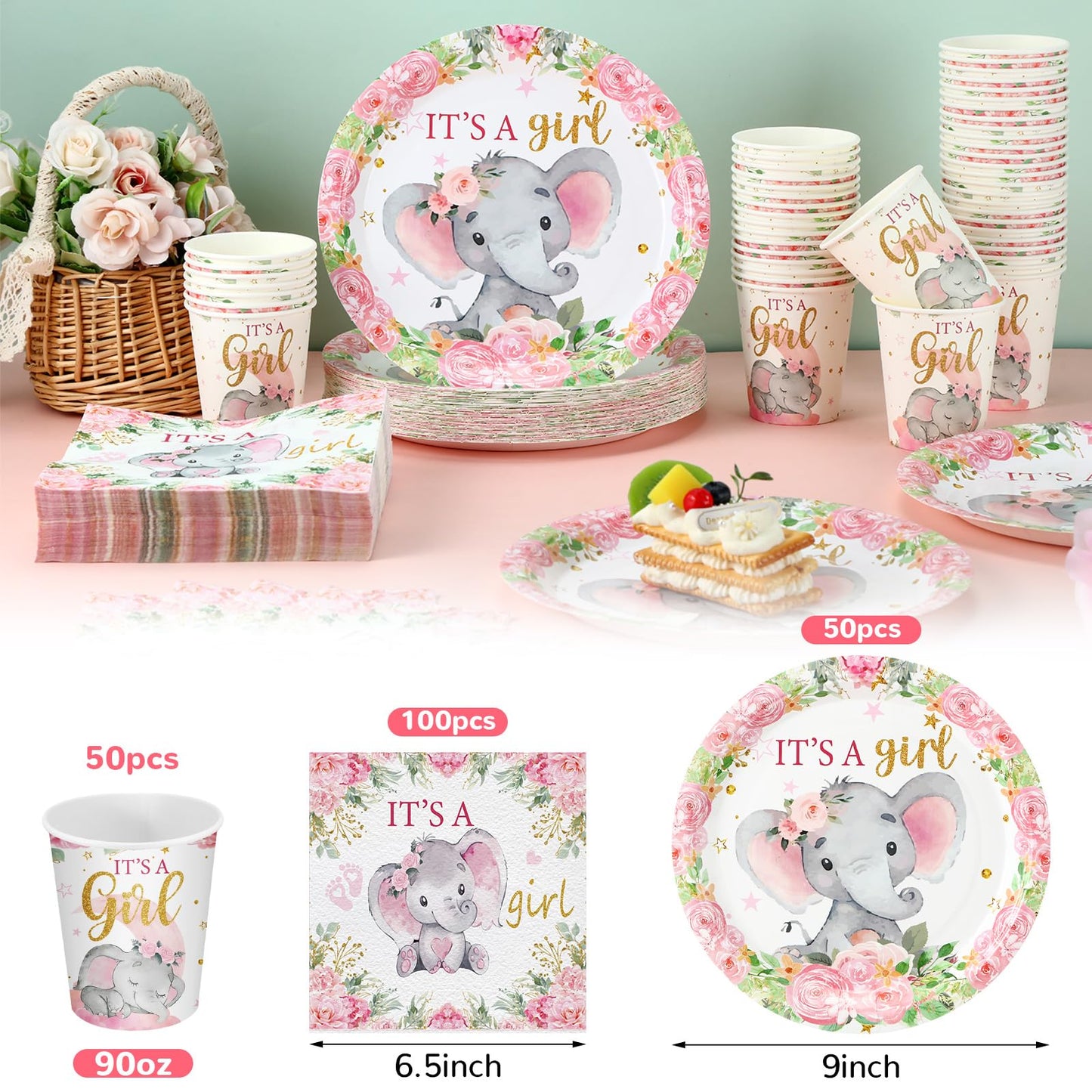 Hushee 200 Pcs Pink Elephant Baby Shower Paper Plates Napkins Cups It'S A Girl Baby Shower Party Supplies Tableware Set Pink Dis