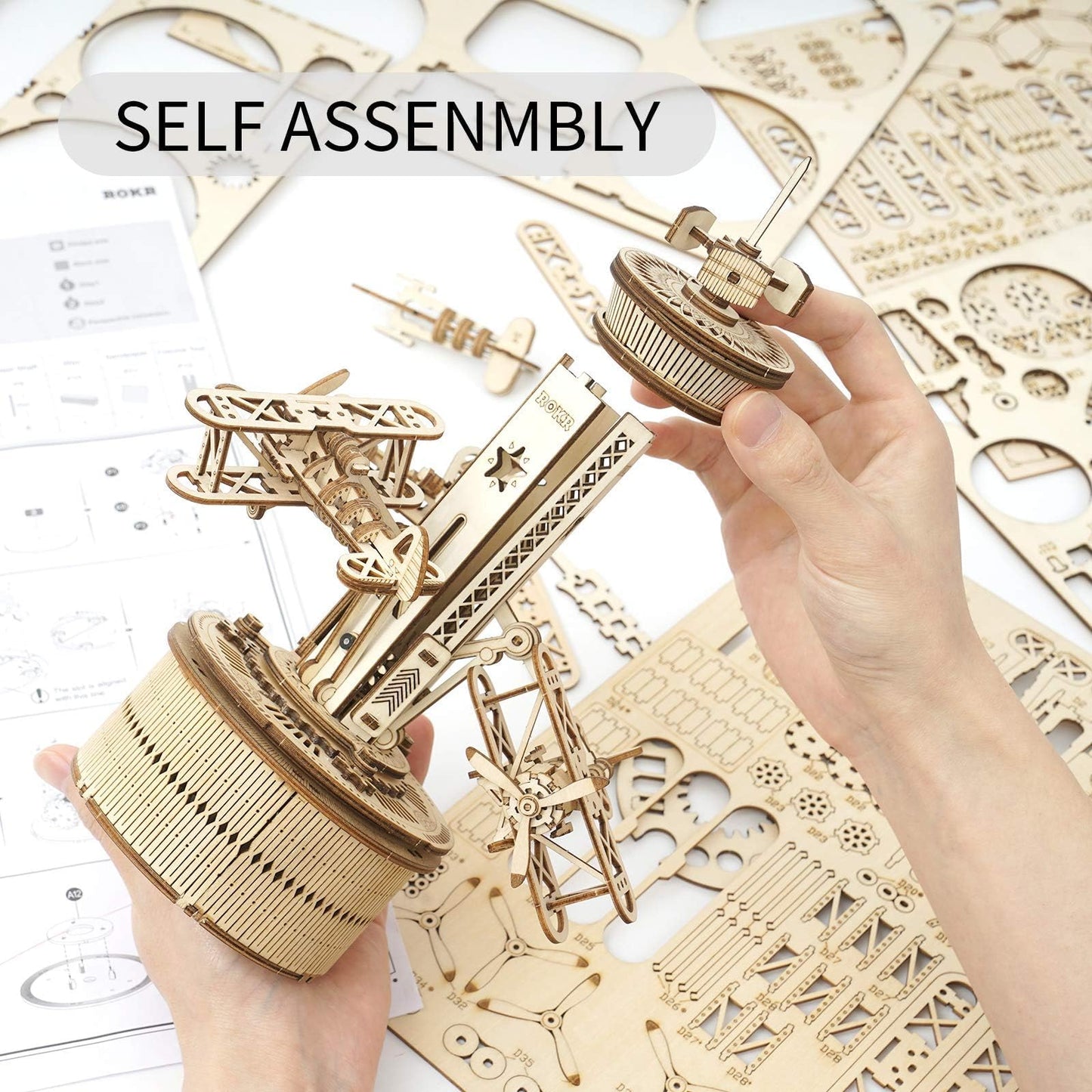 Rokr 3D Wooden Puzzle Mechanical Music Box,Diy Aircraft Model Kits To Build,Best Toy Gift For Kids/Teens/Adults On Birthday,Decoration For Room