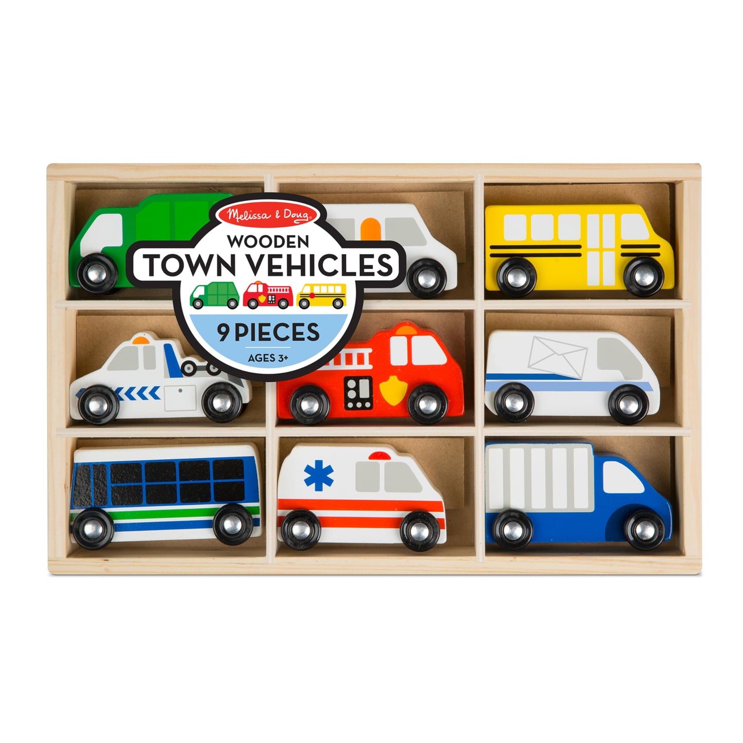 Melissa & Doug Wooden Town Vehicles Set in Wooden Tray (9 pcs)