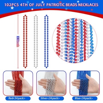 SHAOQINLIN 102 PCS Patriotic Bead Necklaces, 4th of July Beads Necklaces Bulk 4th of July Accessories 33 Inch Metallic Red/Silve