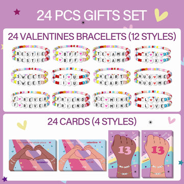 Gerigity Valentines Day Cards for Kids School - 28 Pack Valentines Bracelets for Kids, Friendship Valentines Cards, Valentines D