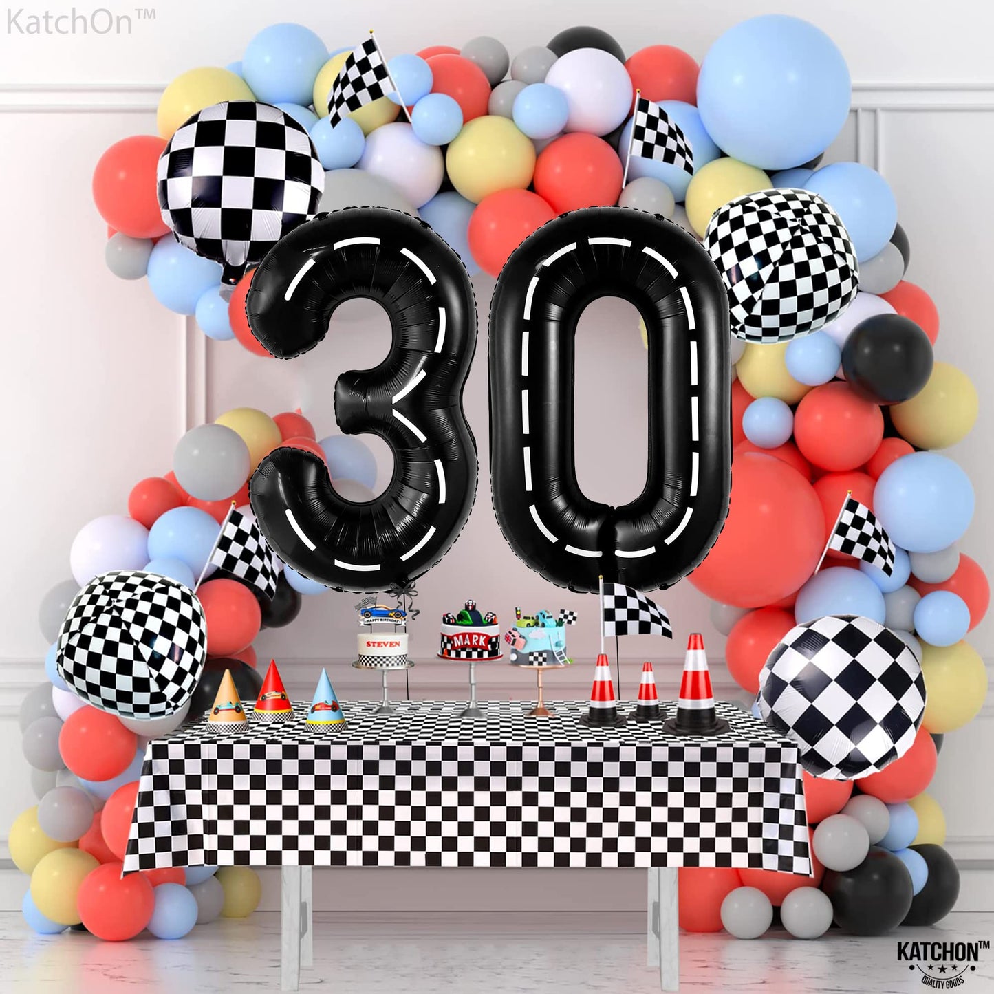 Katchon, Giant Race Car 0 Balloon Number - 40 Inch | Black Racetrack 0 Number For Race Car Theme Party Decorations, Road Party Decorations | Toddler Construction Party Supplies | Number 0 Balloon