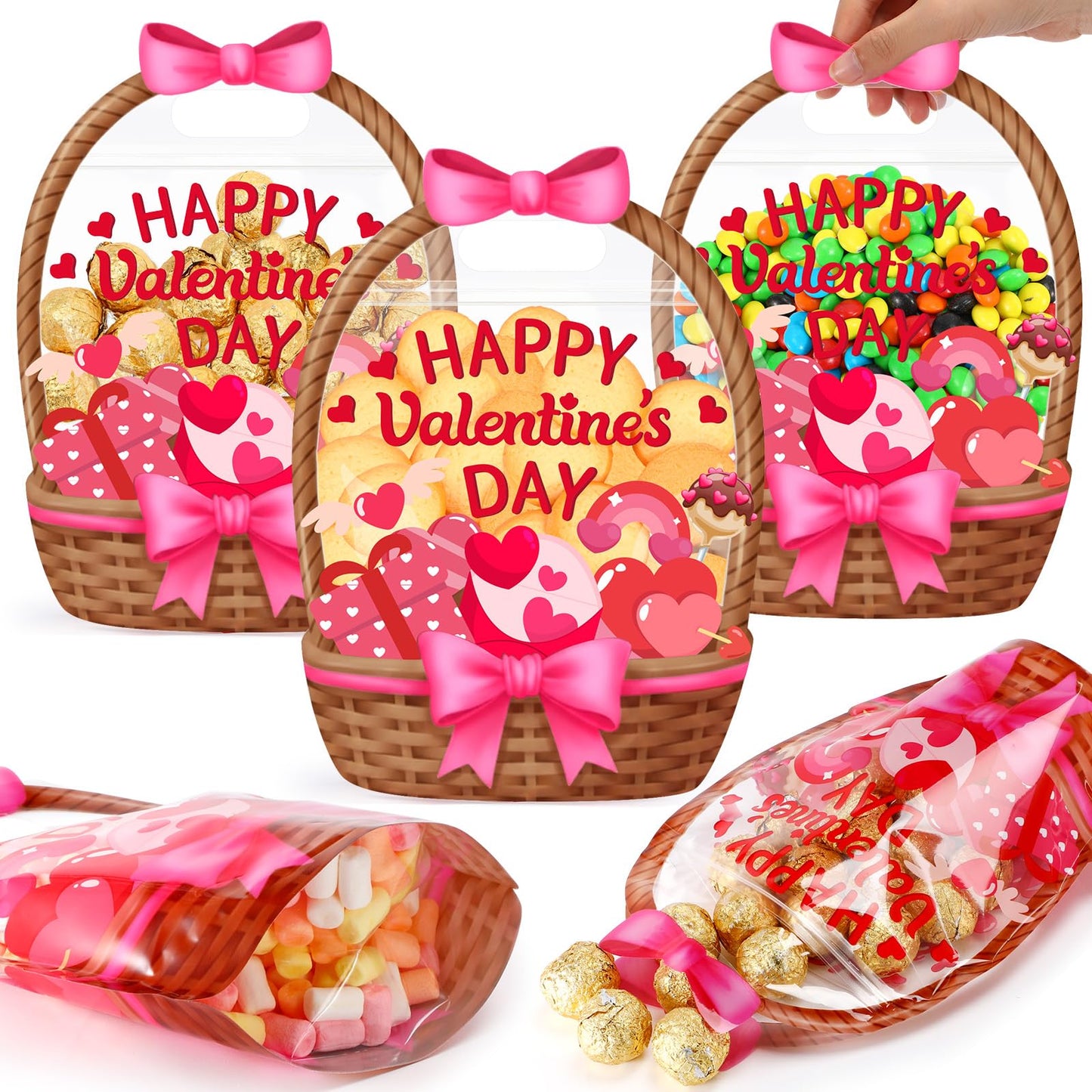Fuutreo 50 Pcs Valentines Day Gift Bags Heart Basket Treat Bags with Handles Reusable Plastic Favor Pouches for Holiday Candy W