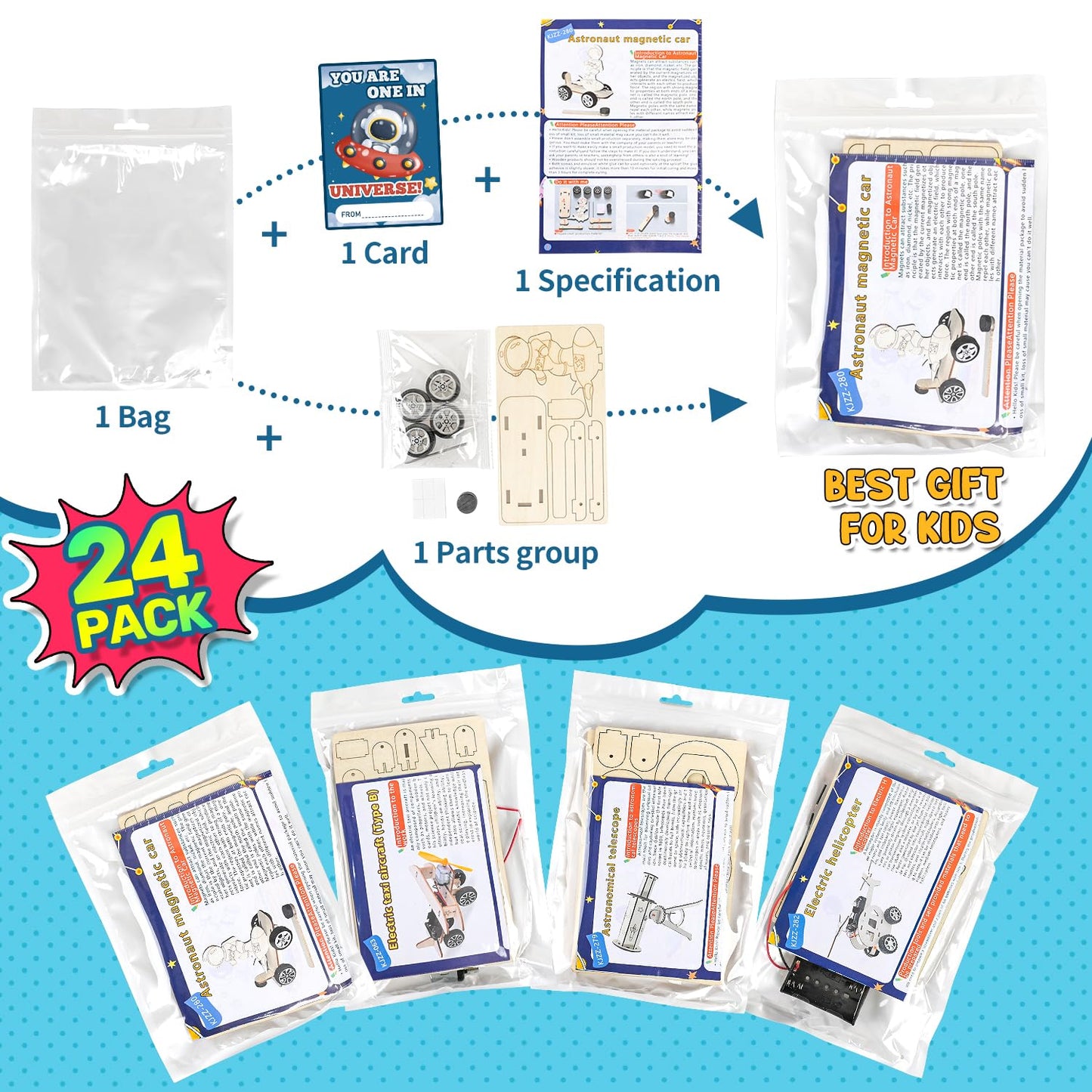 Movinpe Valentines Day Gifts For Kids Classroom School - 24 Sets Stem Kits With Valentines Cards, Wood Craft Science Kit Valenti