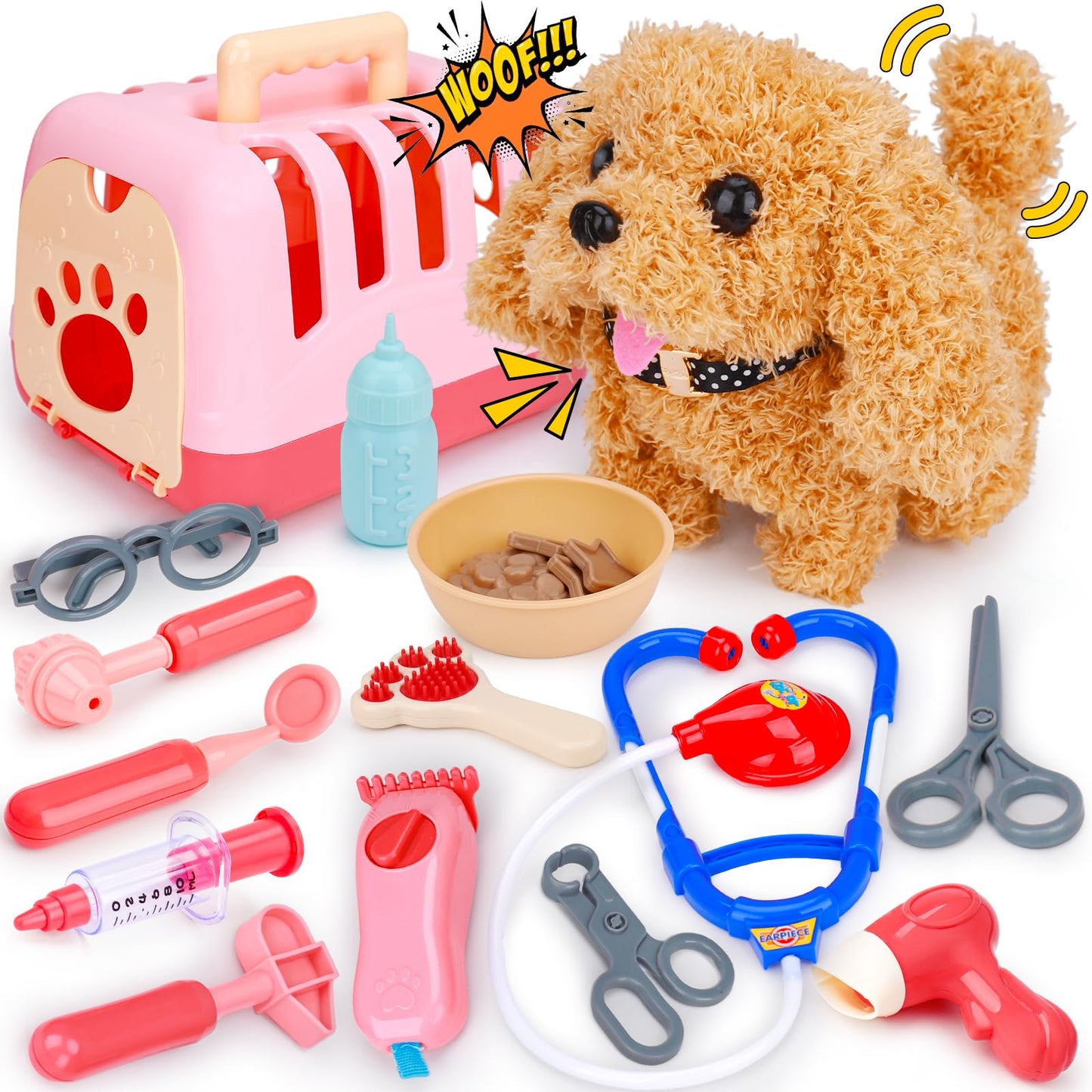 Tsomtto Interactive Dog Toy Walking Barking Veterinarian Playset for Kids Puppy Stuffed Animal with Carrier & Accessories Preten