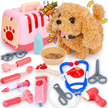 Tsomtto Interactive Dog Toy Walking Barking Veterinarian Playset for Kids Puppy Stuffed Animal with Carrier & Accessories Preten