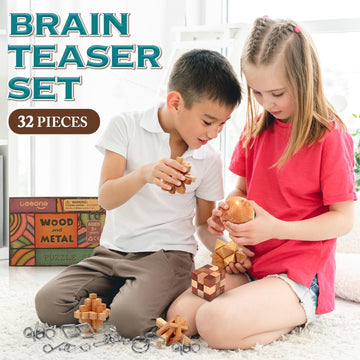 Brain Teaser Wooden Metal Puzzles - Stocking Stuffers Brain Teaser Disentanglement Iron Link Unlock Interlock Game Chinese Ring Magic Trick Toy For Party Favor Kids Adults Challenge 32Pack