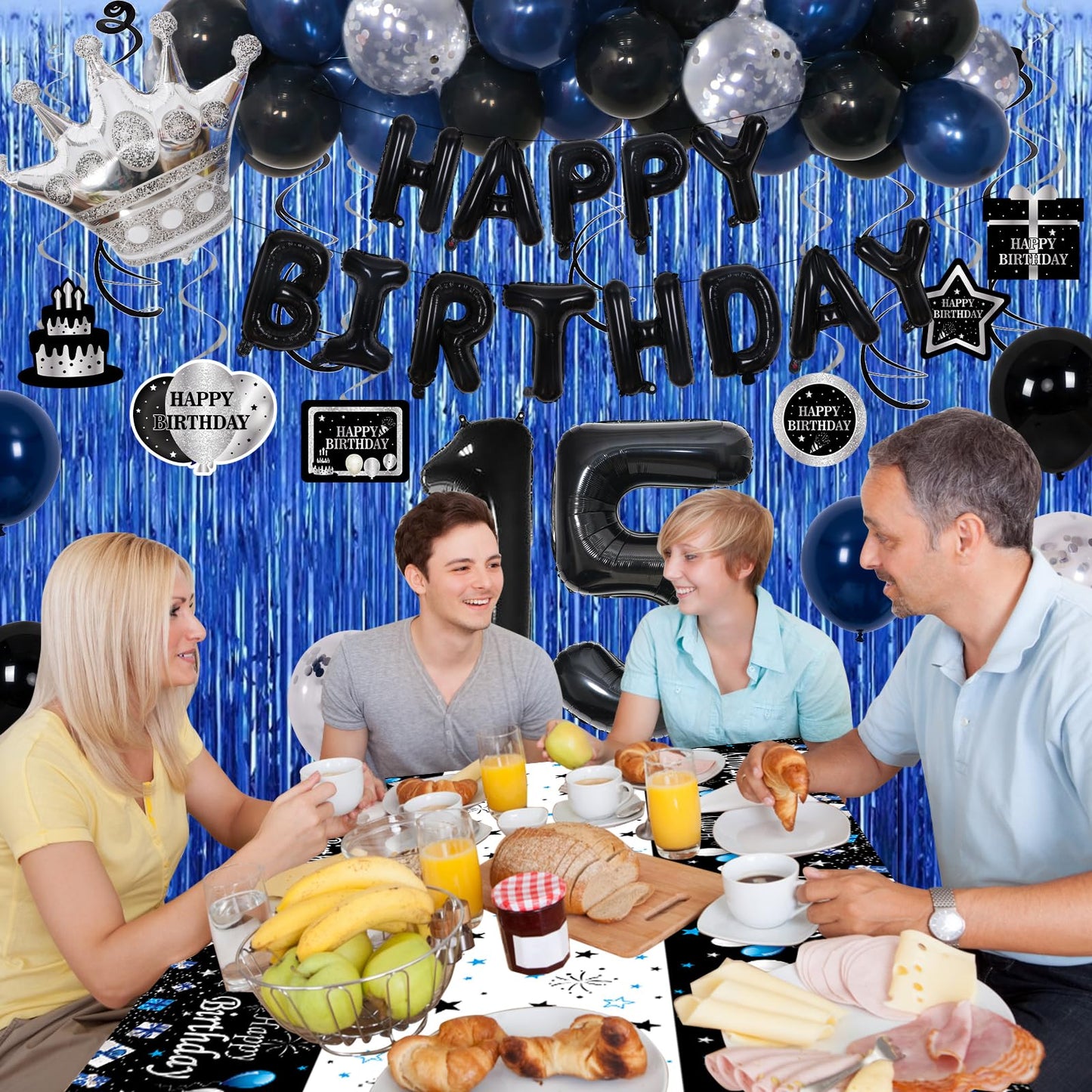 Purtarly 15th Birthday Decorations Set - Blue & Black Balloons, Banner, Tablecloth, Model BUBL2024-15, Perfect for Boys' Sweet 15 Party