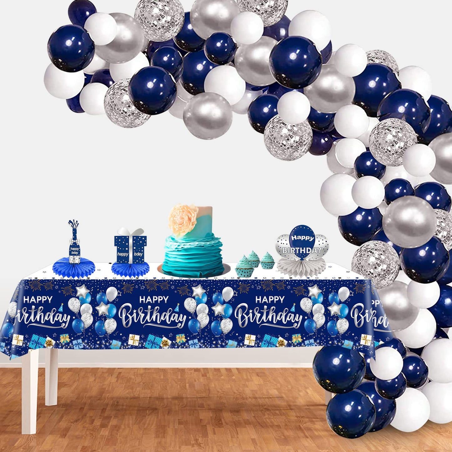 Duaiai Happy Birthday Decorations, 3 Pcs Navy Blue And Silver Birthday Tablecloth For Boys Girls Men Women, Plastic Disposable Rectangle Table Cover For Birthday Party Supplies- 54' X 108'