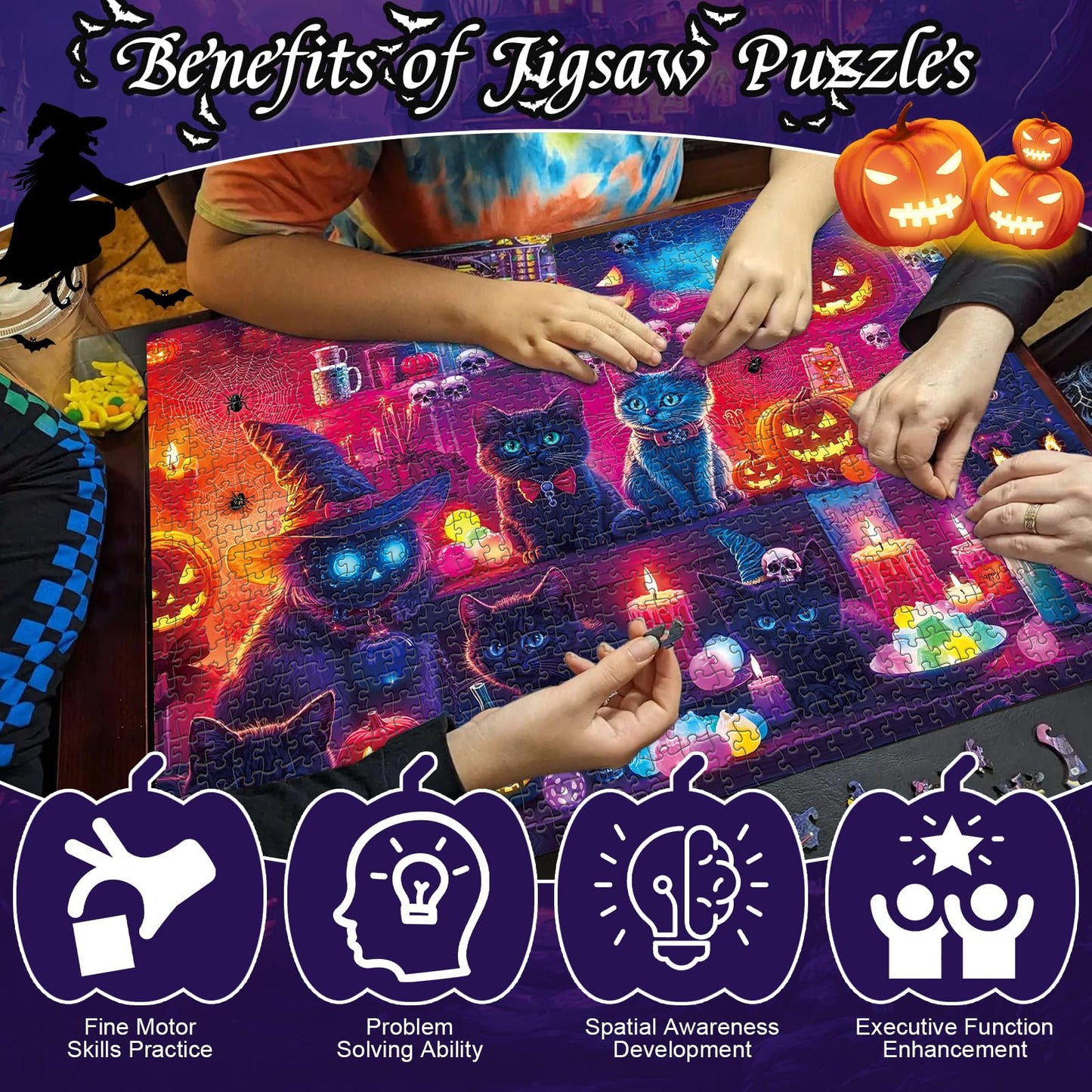 Puzzles 1000 Pieces for mature-themeds Two Pack Glow in The Dark - Spooky Cat & Dog Party Jigsaw Puzzle Challenging Animal Theme Gift 26.77x19.29 Inch