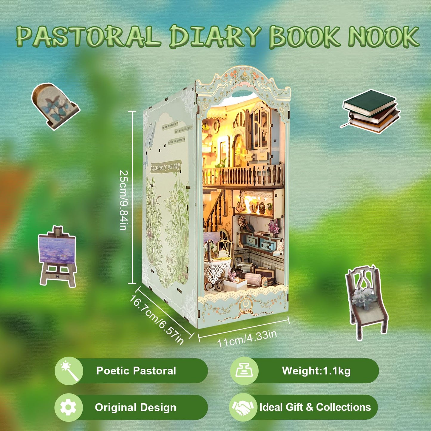 CRIOLPO Book Nook Kit - DIY Dollhouse Booknook Book Nook Miniature Kit for Bookshelf Insert Decor Craft for mature-themed Teen Halloween 3D Wooden Puzzle Bookends with Sensor Led Light