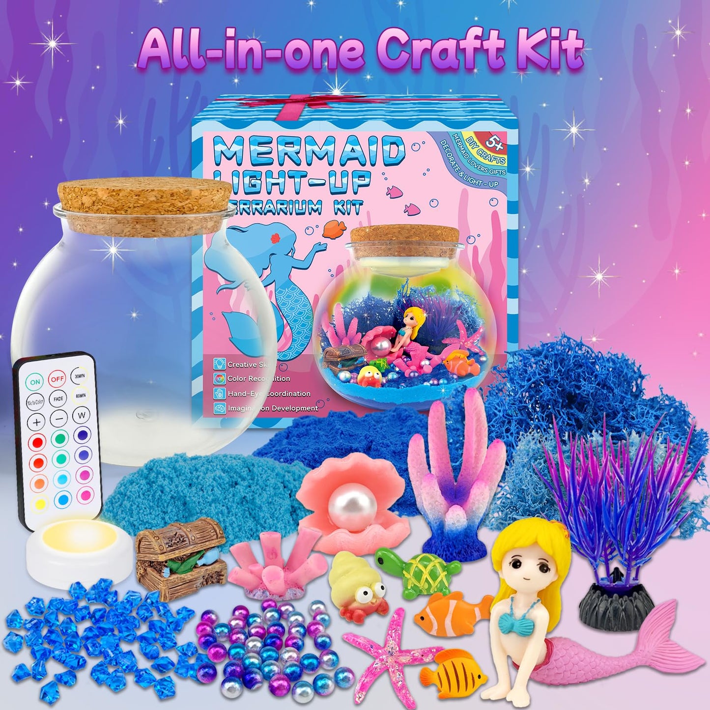 Mermaid Terrarium Craft Kit For Kids - Led Night Light Up & Remote Mermaid Birthday Gifts Toys For Girls Age 5 6 7 8 9 10 11 12