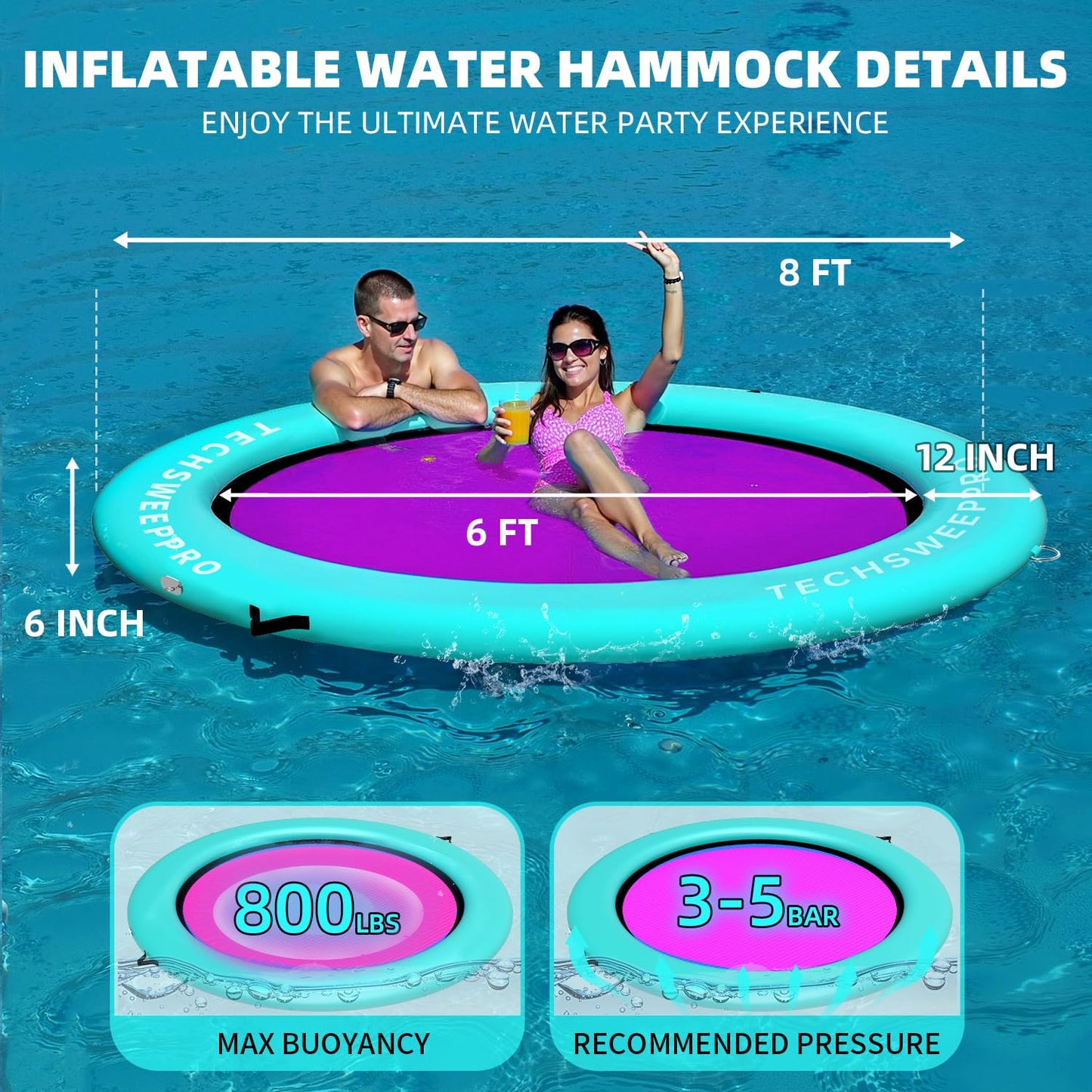 TechSweepPro Inflatable Water Hammock 800LBS Buoyancy 8ft Round Floating Ring Upgraded Materials Heavy Duty Circle Floating Raft
